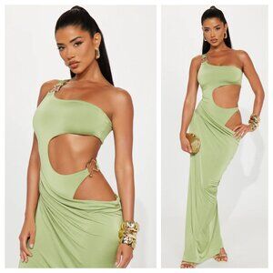 Fashion Nova Imani Sage Green One Shoulder Cut Out Bodysuit Draped Maxi Dress